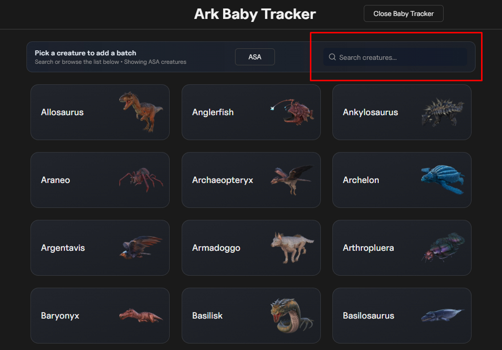 Creature selection panel